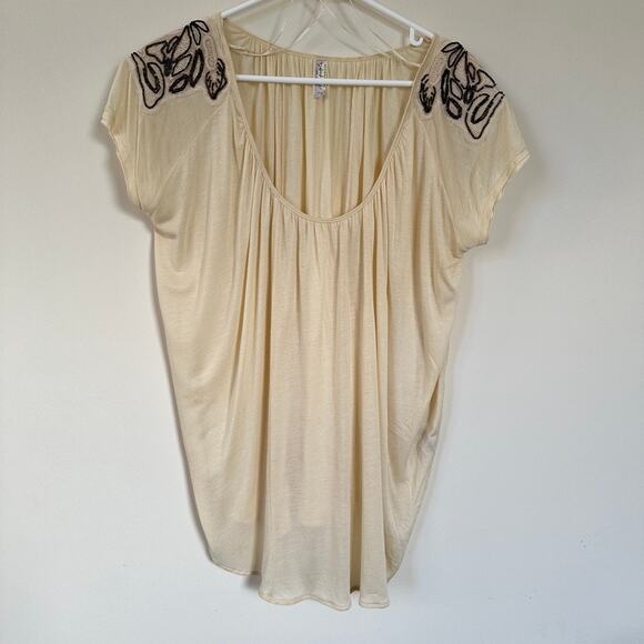 Free People Beaded Embellished Shoulder Oversized Top Scoop Neck SMALL - Picture 2 of 12
